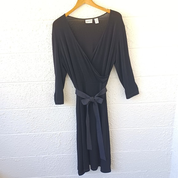 Chico's Travelers Black Wrap Midi Dress 3/4 Sleeve Tie Waist Size 2 L Large - Picture 3 of 7